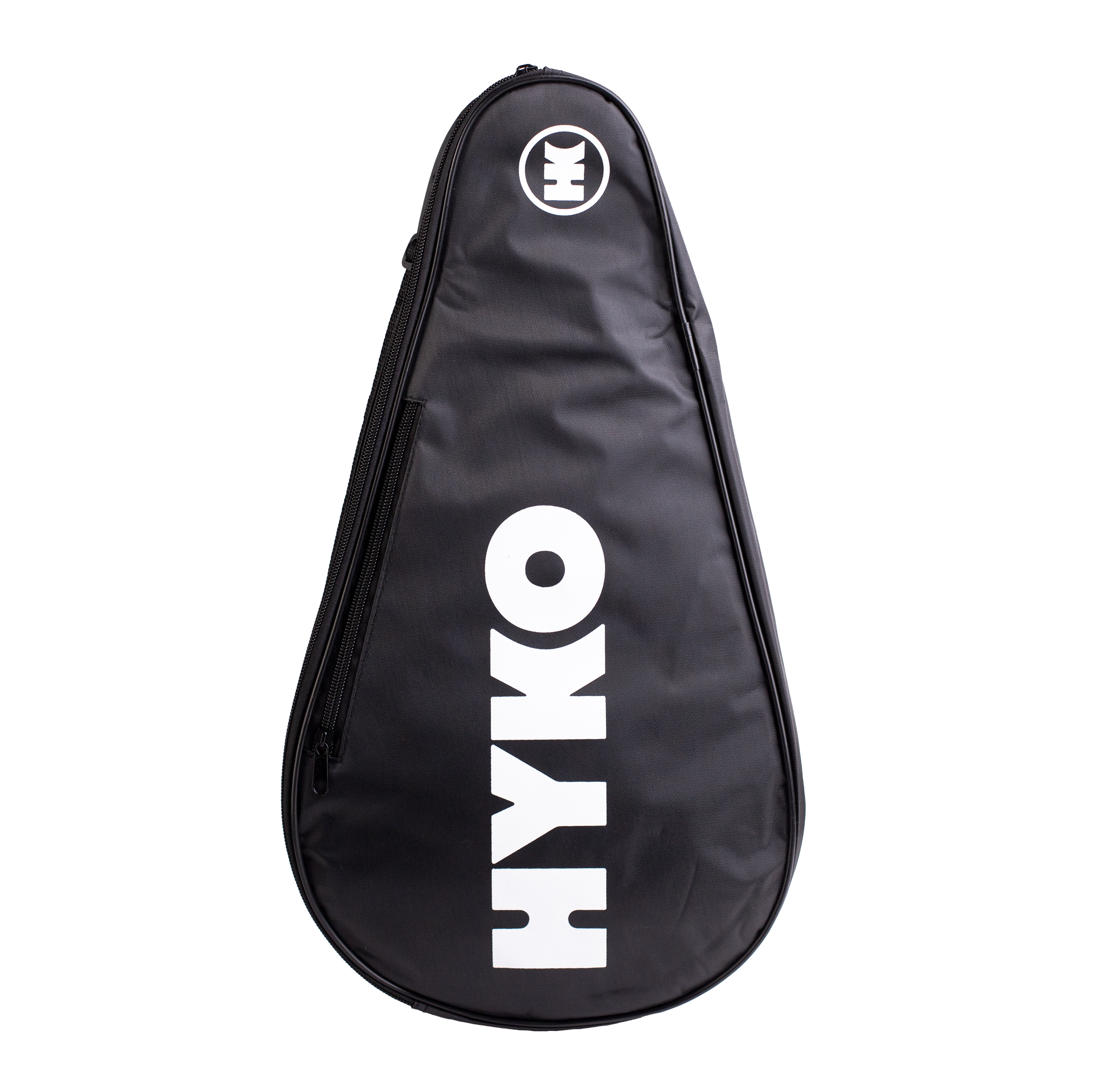Close-up of a black slim carrying case with white vertical branding and a white circular logo near the top, zipper along the left edge.