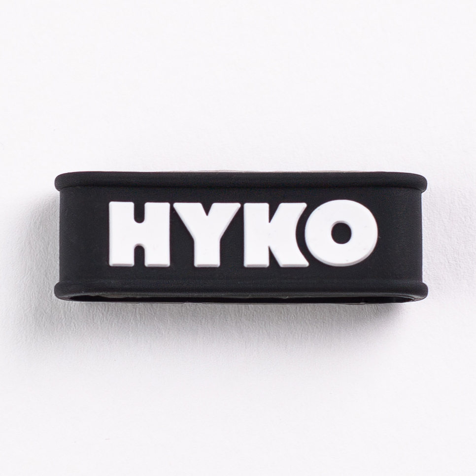 Black silicone wristband with bold white 'HYKO' logo text on a plain white background